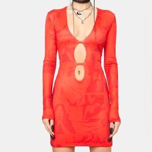 Edikted Red Body Con Long Sleeve Graphic Mesh Dress V Neck Medium